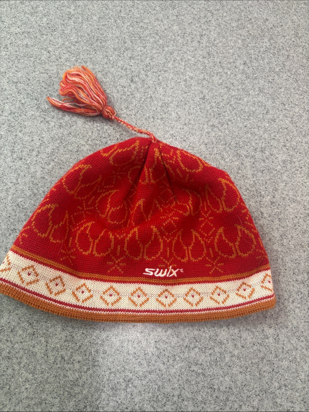 Swix Red Orange Patterned Knit Beanie with Pom